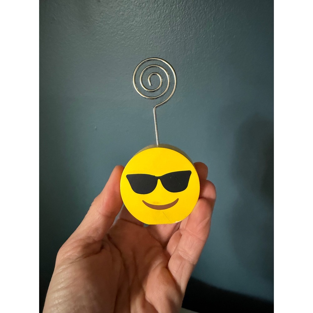 Sunglasses Emoji Photo Holder Clip Stand Yellow Wooden Base Memo Note Holder